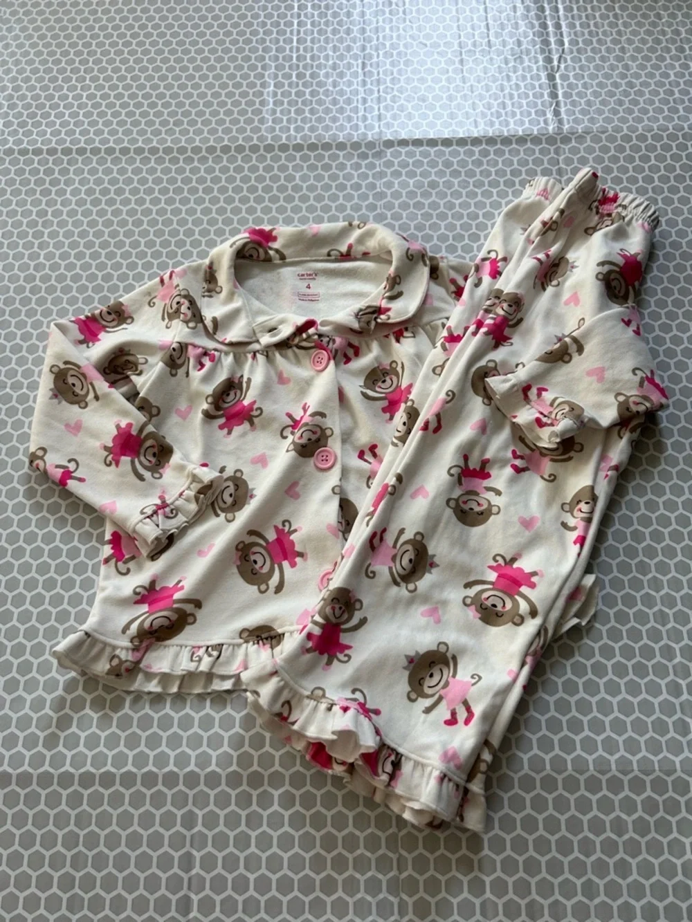 Carter's Cream and Pink Monkey Pajama Set. Size 4